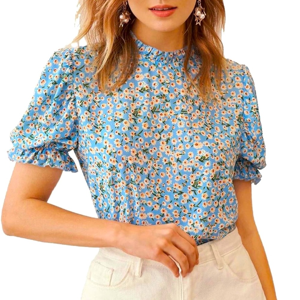 Women's Floral Ruffle Puff Sleeve Casual Blouse - Multicolored